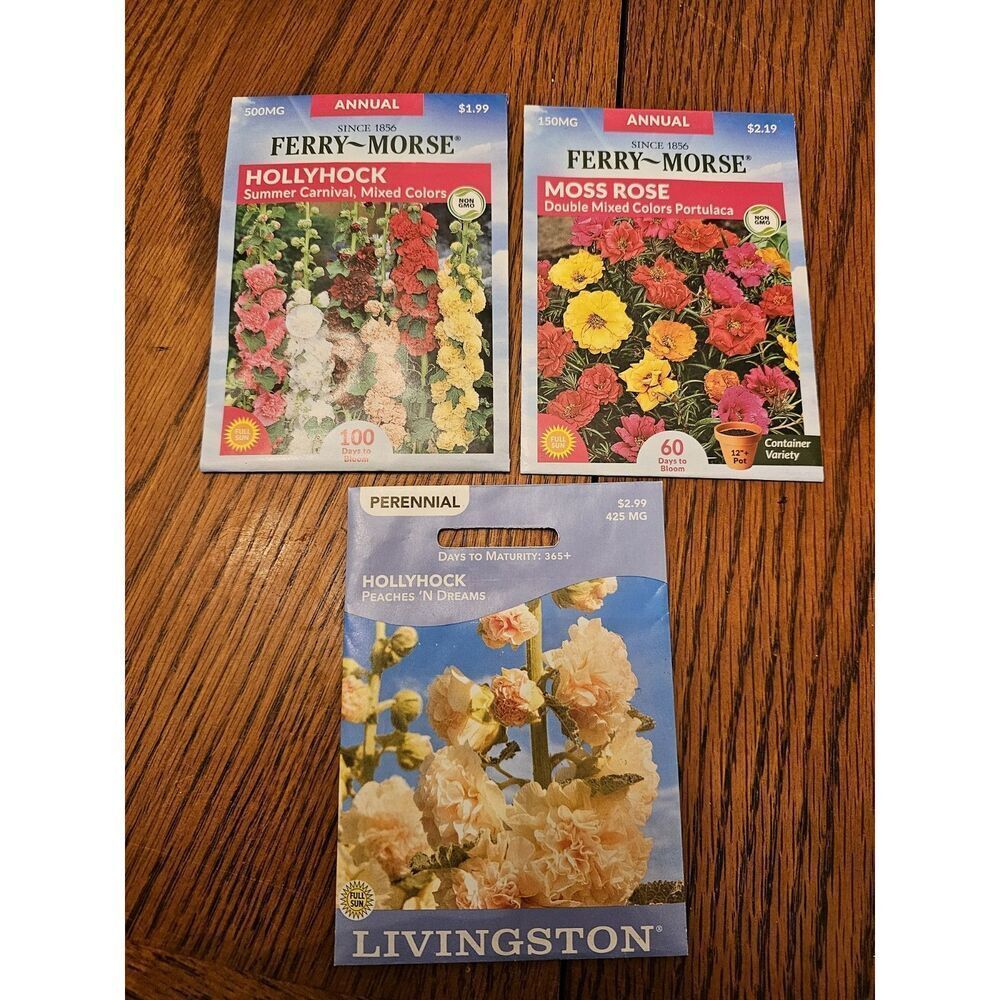 Lot Of 3 Ferry Morse Garden Flower Seeds Packets‎ Hollyhock Moss Rose Lot Bundle